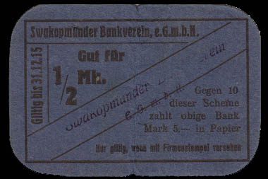 DSWA-Gutschein-swakopmunder Bankverein 1-2 Mark DSWA-Gutschein-swakopmunder Bankverein 1-2 Mark