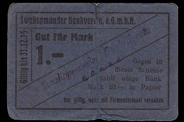 DSWA-Gutschein-swakopmunder Bankverein 1 Mark DSWA-Gutschein-swakopmunder Bankverein 1 Mark