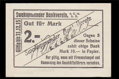 DSWA-Gutschein-swakopmunder Bankverein 2 Mark DSWA-Gutschein-swakopmunder Bankverein 2 Mark